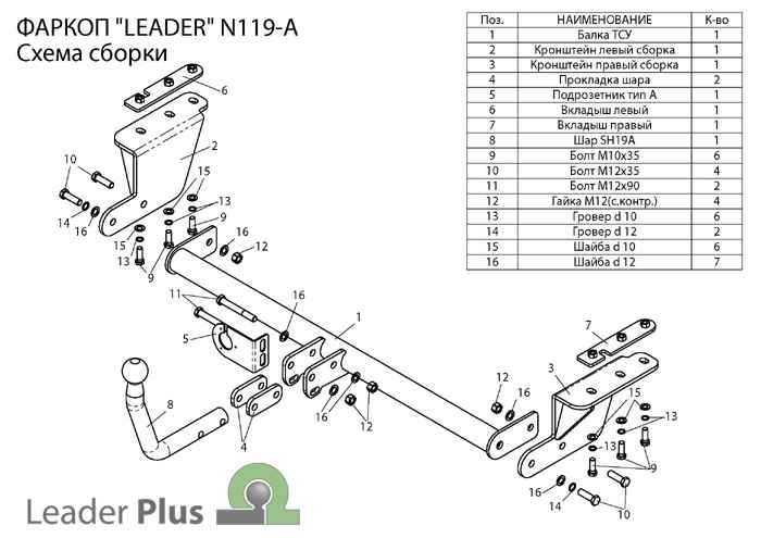 Фаркоп Leader N119-A для Nissan Tiida (C11) 2007-2014, условно съемный шар (тип A)