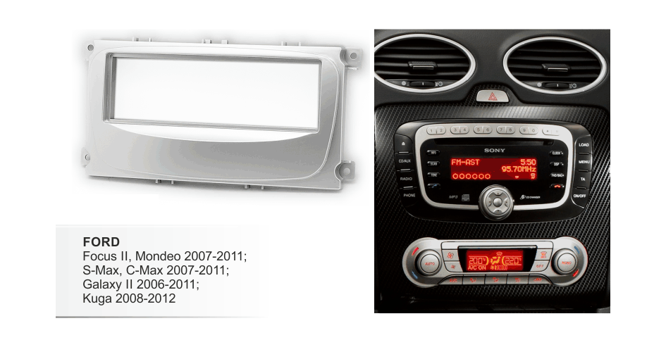 Переходная рамка для Ford Focus 2 (Sony), S-Max 07->, Mondeo 07->, 1DIN серебро