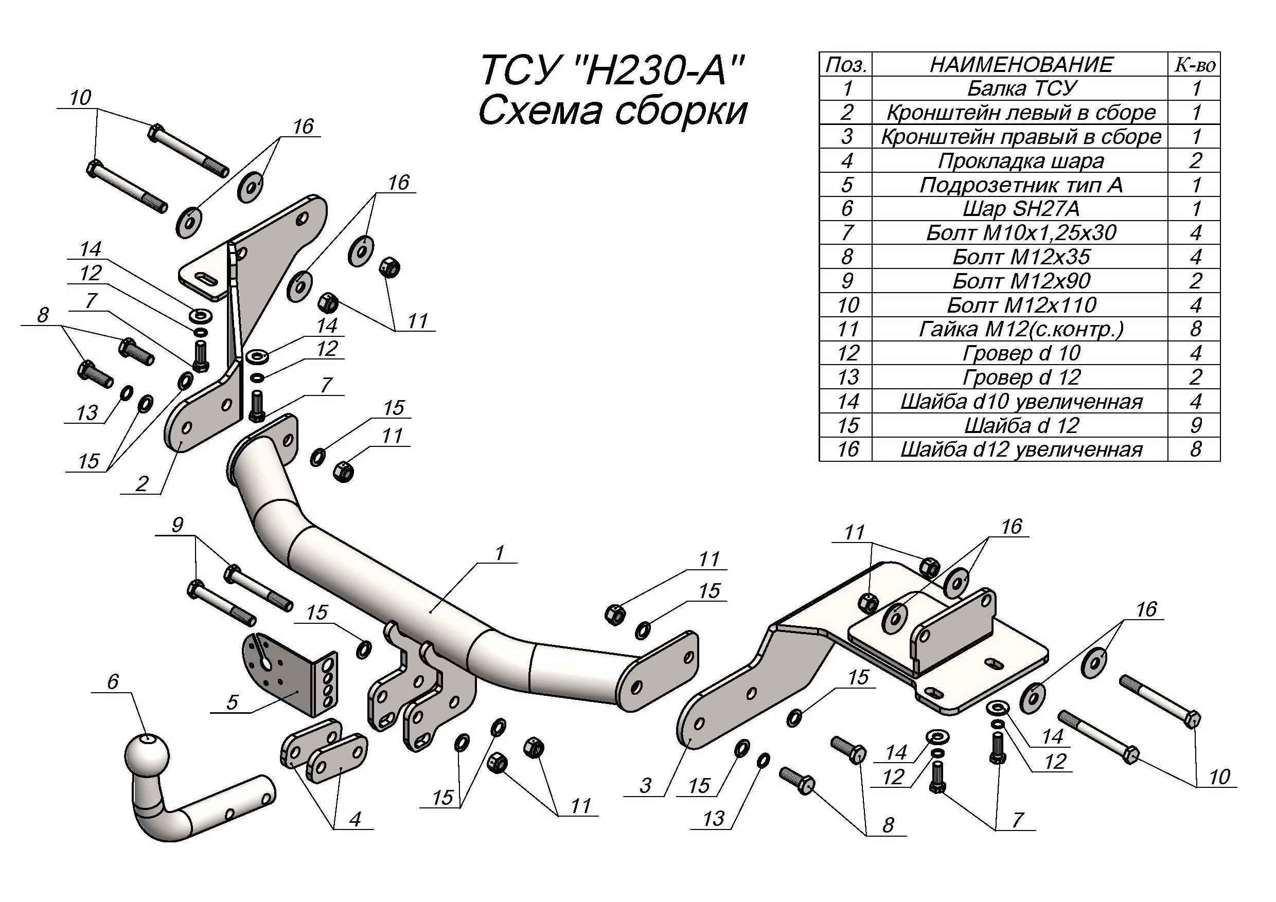 Фаркоп Leader Plus H230-A для Hyundai Santa Fe IV (TM) 2018-..., условно съемный шар (тип A)