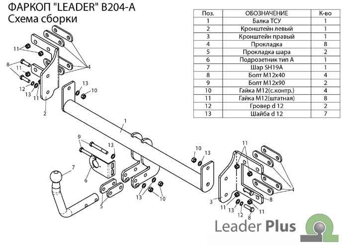 Фаркоп Leader Plus B204-A дл BMW X6 (E71) 2008-/ X5 (E70) 2007-10/ X5 (F15) 2013-18, шар типа A