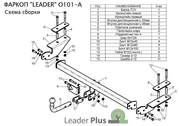 Фаркоп Leader O101-A для Opel Astra H (A04) (седан) 2007-2012, условно съемный шар (тип A)