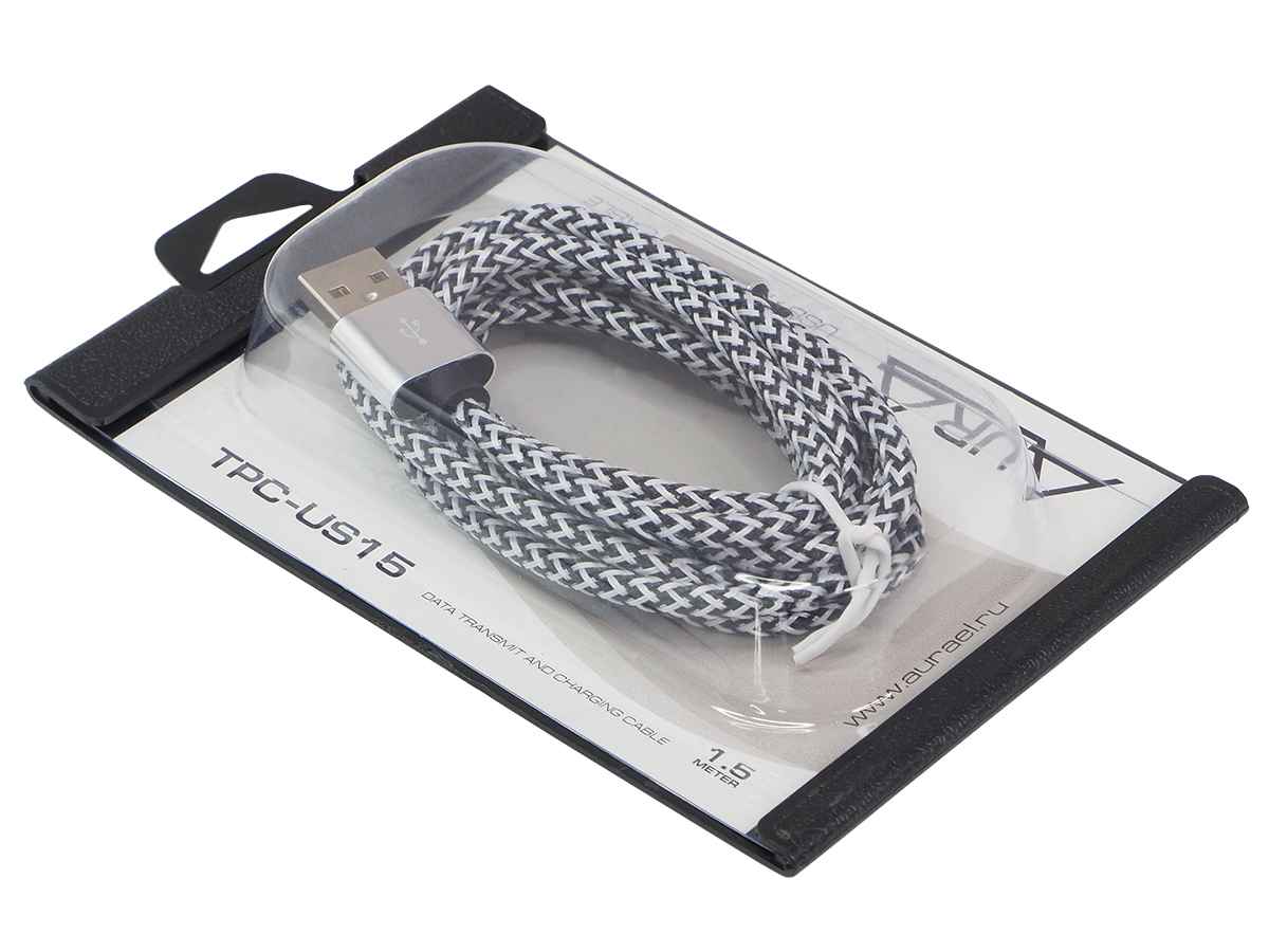 Aura TPC-US15 MicroUSB зарядный кабель в полиэстеровой оболочке, серебристый, 1.5 м