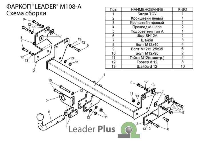 Фаркоп Leader Plus M108-A для Mitsubishi Pajero Pinin (H6) 1999-2006, условно съемный шар (тип A)