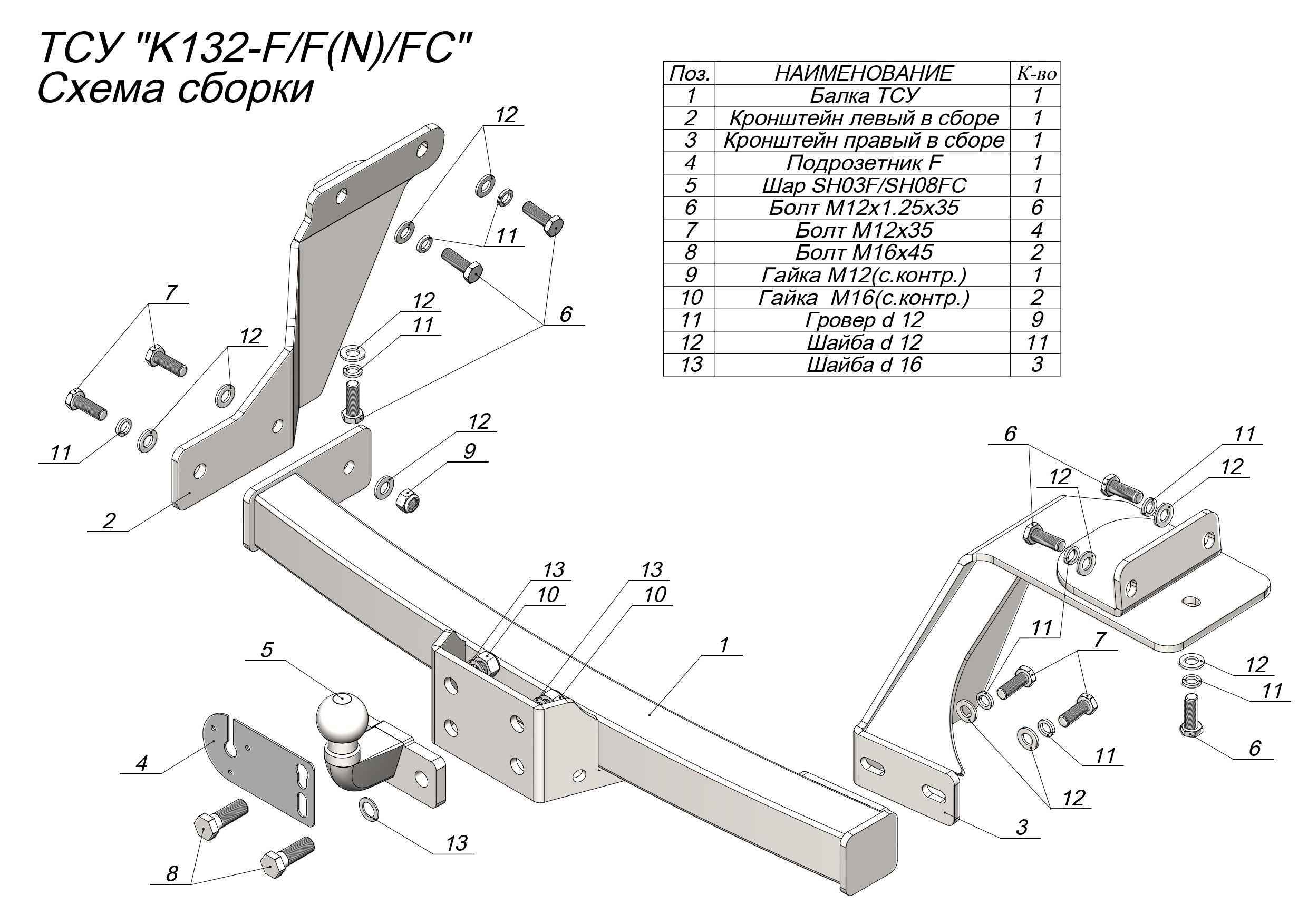 Фаркоп Leader Plus K132-F для KIA Sorento 2020-..., условно съемный шар (тип F)