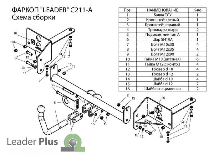 Фаркоп Leader Plus C211-A Chevrolet Cruze (J300) 2009-/ 2012-, условно съемный шар (тип A)