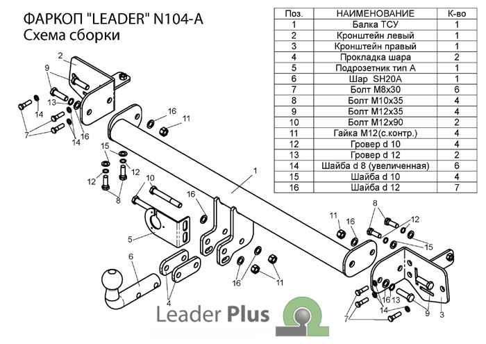 Фаркоп Leader Plus N104-A для Nissan Primera (Р12) 2001-2007, условно съемный шар (тип A)