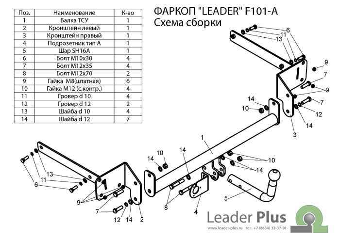 Фаркоп Leader Plus F101-A для FORD Focus 2 2004-2011, Focus 3 2010-..., условно съемный шар (тип A)