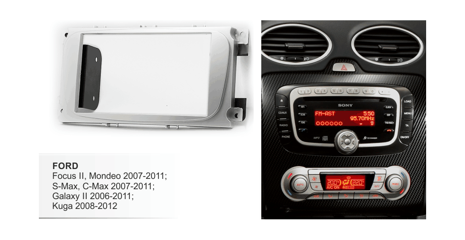 Переходная рамка для Ford Focus 2 (Sony), S-Max 07->, Mondeo 07-> 2DIN серебро с металл креплениями