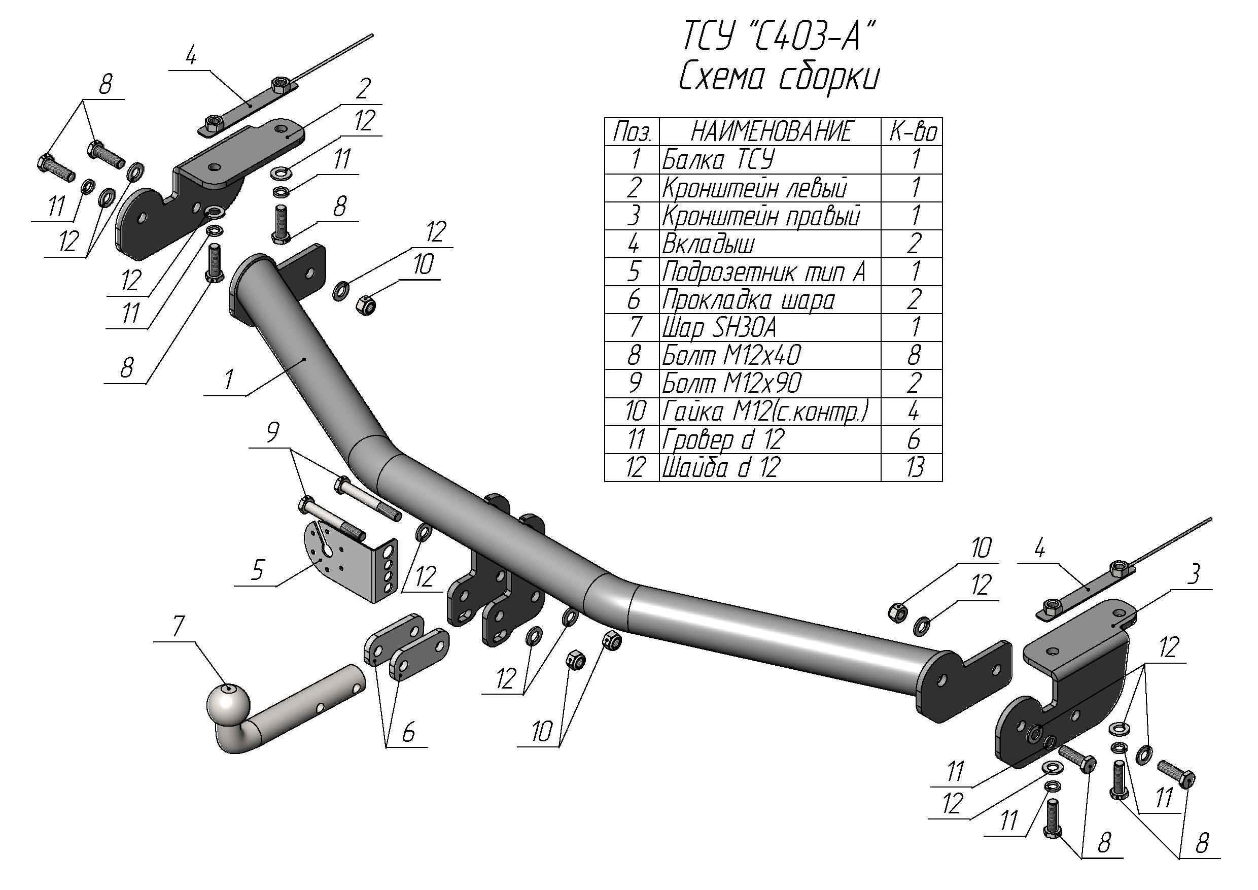 Фаркоп Leader Plus C403-A для Changan CS95 2019-2023, условно съемный шар (тип A)