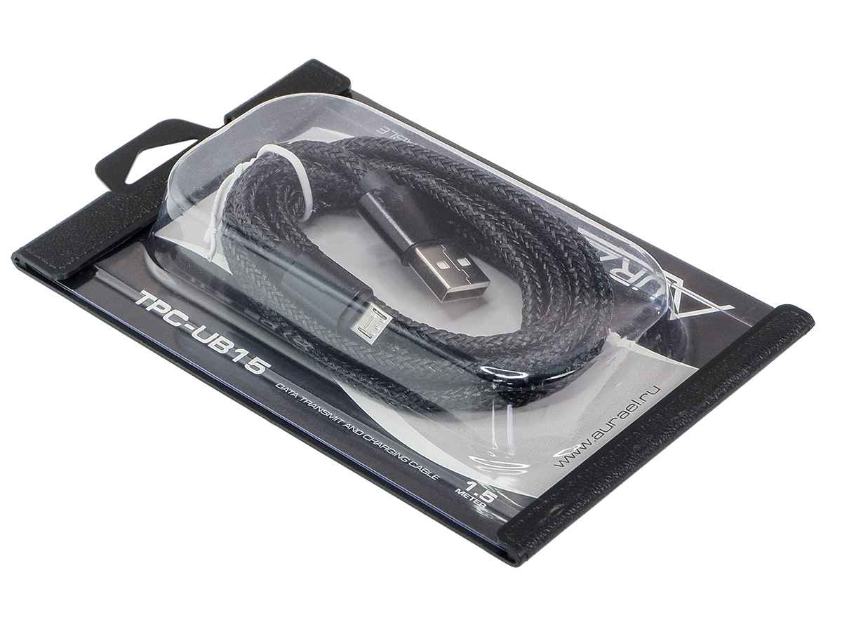 Aura TPC-UB15 MicroUSB зарядный кабель, в полиэстеровой оболочке, черный, 1.5 м