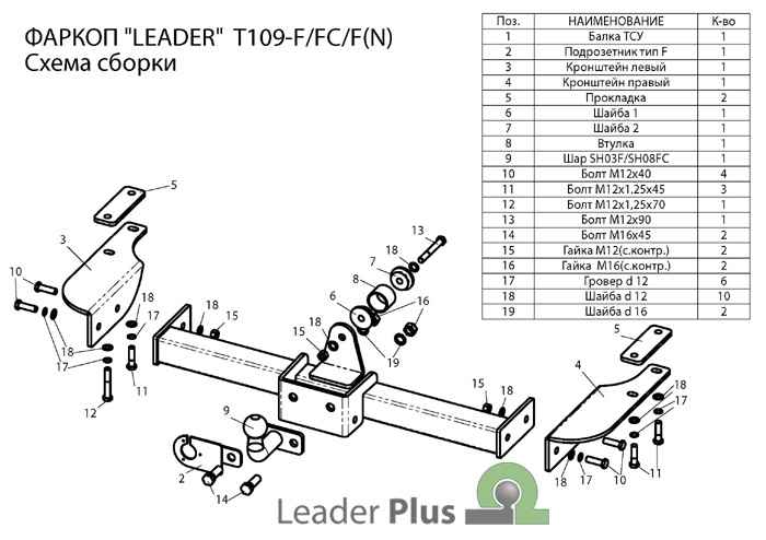 Фаркоп Leader Plus T109-FC для T109-FC Toyota LC Prado (90) (J9) 1996-2002, съемный шар (тип FC)