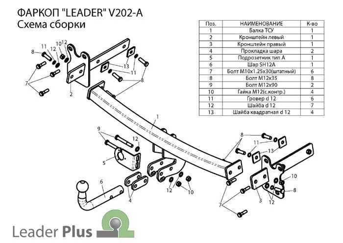 Фаркоп Leader Plus V202-A для Volvo XC 70 (B) 2007-2016, условно съемный шар (тип A)